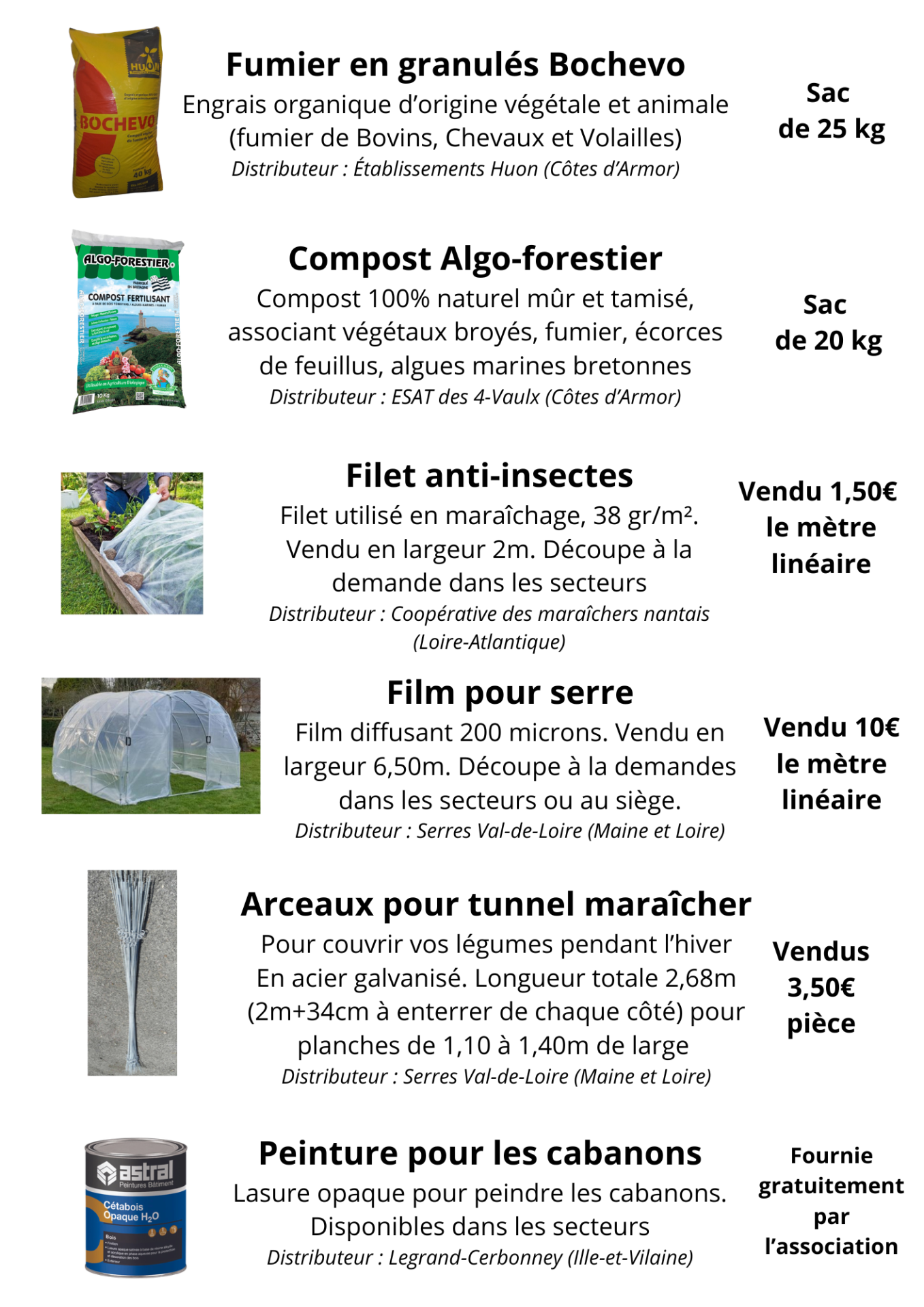 Produits vendus par l'association
